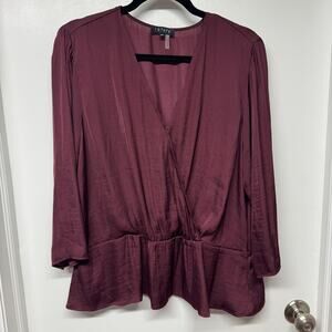 1.State Wine Red Womens Drop Waist Surplice Faux Wrap Blouse Top Size XXL 2XL
